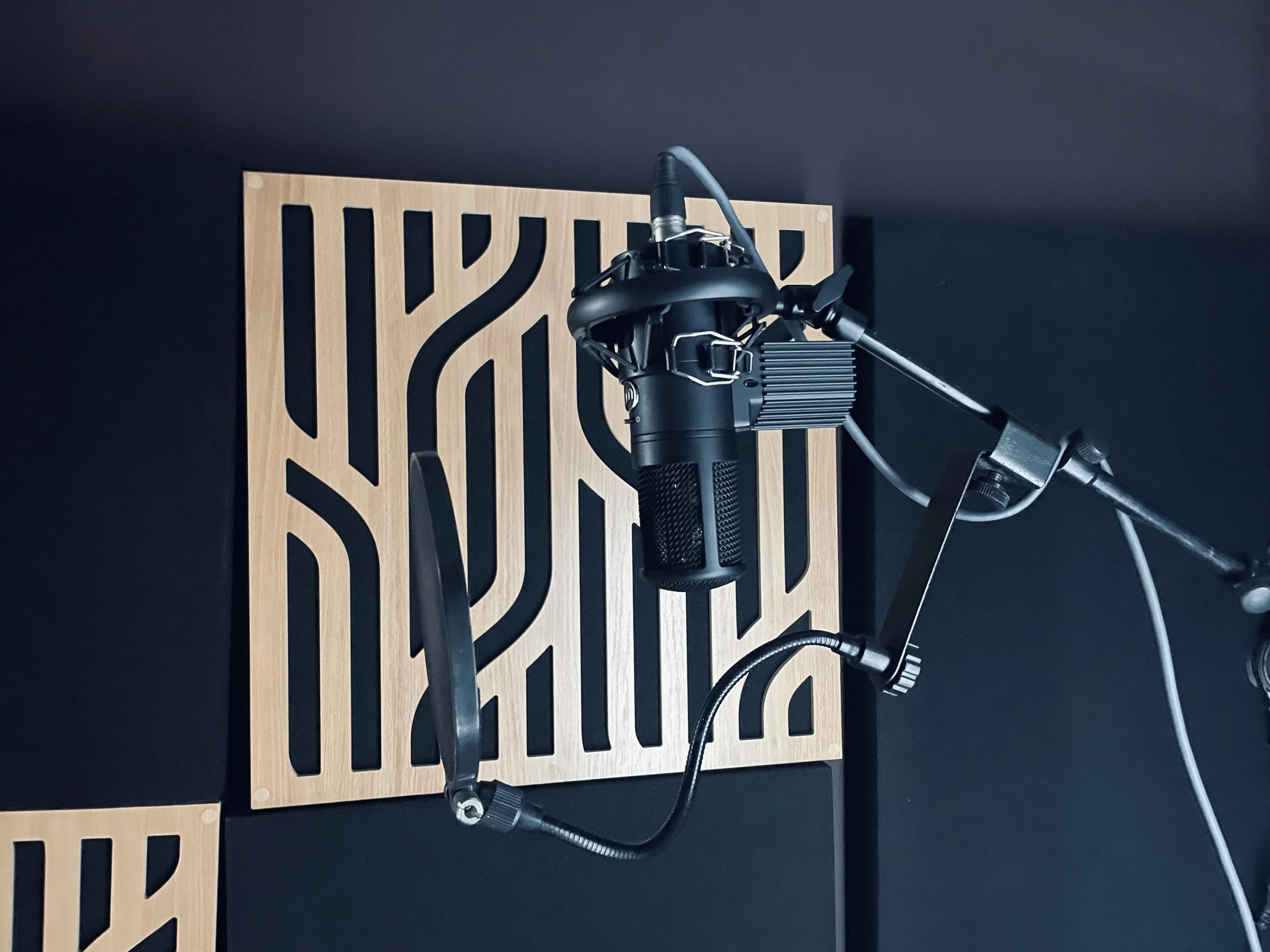 Microphone de studio suspendu devant une paroi en bois avec motifs découpés